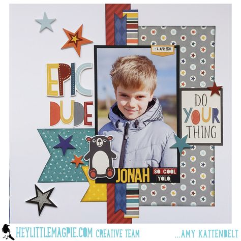 8x8 Scrapbook Layouts, Scrap Paper Crafts, School Scrapbook Layouts, Boy Scrapbook Layouts, Scrapbook Design Layout, Scrapbooking Kids, Scrapbook Boys, Cool Dude, Kids Pages