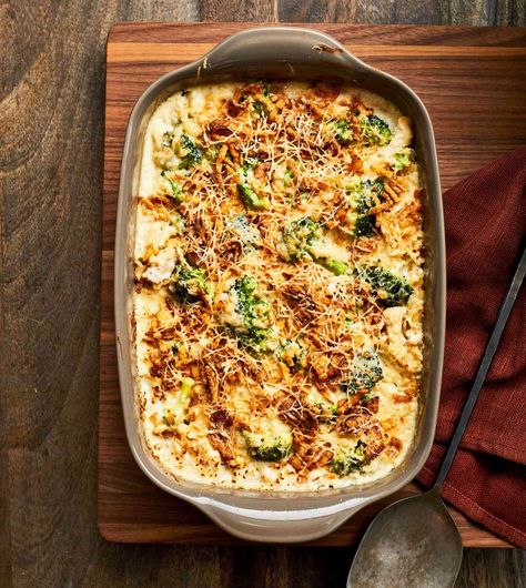 Crispy onions and Parmesan are a match made in heaven in this lightened-up casserole made for busy weeknights. Our Crispy Onions and Parmesan Chicken-Broccoli Casserole is designed to suit most tastebuds, young and old alike. Baked Chicken Casserole Recipes, Chicken Broccoli Bake, Weeknight Casseroles, Southern Living Recipes, Recipes Southern, Summer Chicken, Chicken Casseroles, Broccoli Bake, Chicken Broccoli Casserole