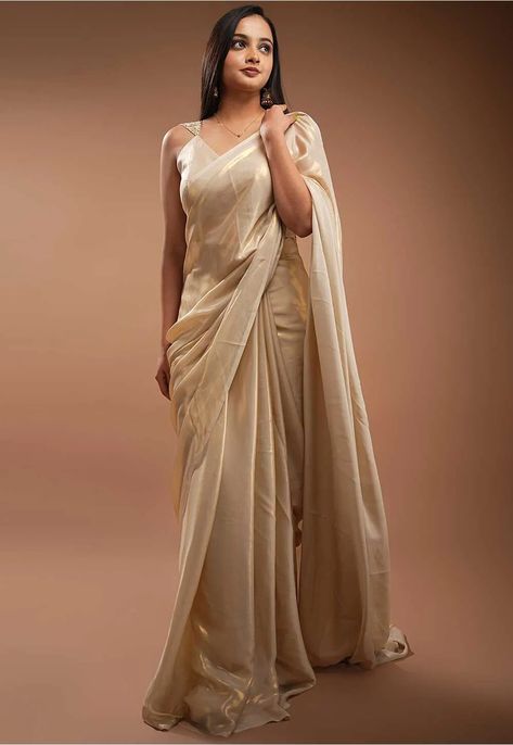 Solid Color Satin Saree in Beige Golden Georgette Saree, Champagne Saree, Farewell Saree, Golden Saree, Georgette Material, Draped Saree, Latest Indian Saree, Plain Saree, Engagement Outfit