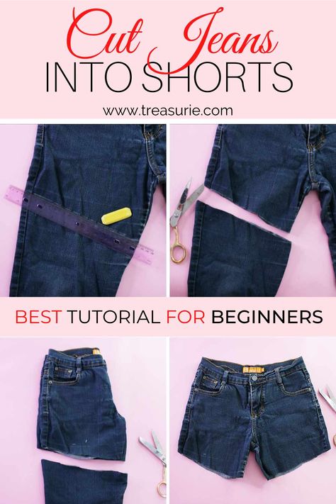 Diy Denim Cutoff Shorts, Making Denim Shorts From Jeans, Making Jeans Into Shorts, Diy Cutoff Jean Shorts, Jeans To Shorts Diy Tutorials, Diy Levi Shorts, Diy Daisy Duke Shorts, How To Cut Denim Shorts, Turn Pants Into Shorts