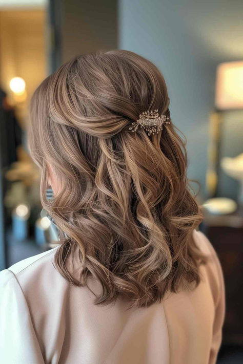 25%20Elegant%20Medium-Length%20Formal%20Hairstyles%20for%20Any%20Special%20Event%20This%202024 Bridesmaid Hairstyles Medium Length Brunette, Bouffant Hair Half Up, Wedding Guest Shoulder Length Hairstyles, Formal Curly Hairstyles Medium Length, Half Up Classy Hairstyles, Hair Half Up Half Down Short Length, Different Simple Hairstyles, Trendy Hairstyles For Wedding Guest, Half Back Formal Hair