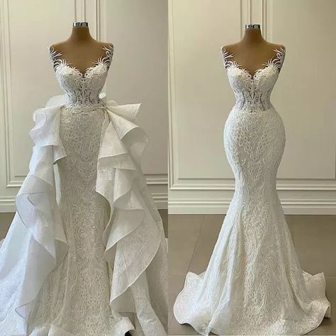 2021 White Mermaid Wedding Dresses with Detachable Train Ruffles Lace Appliqued Bridal Gowns Plus Size Vestidos de novia _ - AliExpress Mobile Wedding Dress Prices, White Mermaid, Detachable Train, Gaun Fashion, Gown Plus Size, Wedding Gowns Mermaid, White Wedding Dress, Mermaid Wedding Dresses, Dream Wedding Ideas Dresses