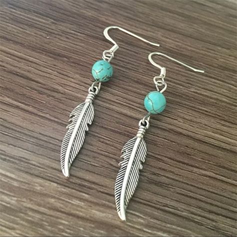 Beautiful Handmade Natural Turquoise & Feather Dangle Earrings. Material: Alloy, Turquoise Check Out My Shop For Unique Jewelry, Crystals And Other Collectibles! Bundle Multiple Listings To Save On Shipping. <3 Boho, Bohemian, Earrings, Dangle Earrings, Indian, Southwestern, Tribal, Western, Feather, Turquoise, Handmade, Unique Indian Beaded Jewelry, Handmade Earrings Diy, Feather Earrings Diy, Diy Earrings Dangle, Turquoise Feather Earrings, Turquoise Bead Earrings, Feather Earrings Silver, Boho Chic Earrings, Beaded Earrings Diy