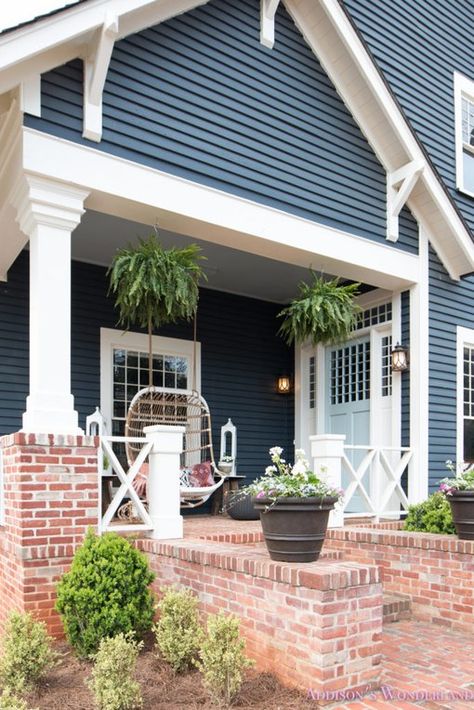 Farmhouse Exterior Colors: Ideas and Inspiration | Hunker Craftsman Front Porch Ideas, Craftsman Front Porch, Farmhouse Exterior Colors, Blue Siding, Door Paint, Front Door Paint Colors, Craftsman Exterior, Door Paint Colors, Painted Front Doors