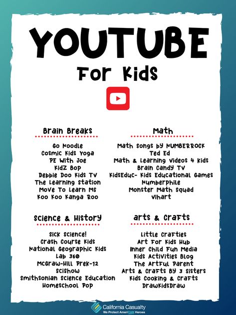 YouTube Guide for Kids | California Casualty Uppfostra Barn, Learning Websites For Kids, Educational Websites For Kids, Maluchy Montessori, Parenting Knowledge, Homeschool Learning, Aktivitas Montessori, Learning Websites, Kids Learning Activities