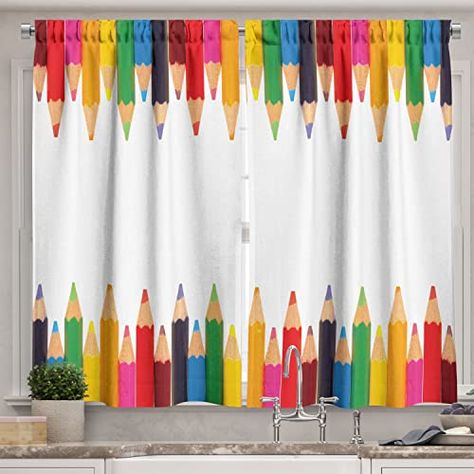 Lunarable Science Kitchen Curtains, Coloured Pencils Painting Theme Primary Creativity ABC Print, Window Drapes 2 Panel Set for Kitchen Cafe Decor, 55" x 39", Multicolor Classroom Curtains, School Kitchen, Children Painting, Small Window Curtains, Abc Print, Long Kitchen, School Creative, Classroom Decor Themes, Kitchen Cafe