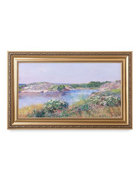 PRICES MAY VARY. Print enclosed in an intricately patterned Golden-relief frame to enhance the look of the artwork. Picture Size: 30x16", Total Size w/ Frame: 36x22", Each panel is ready to hang. A classic New English Landscape in pleasant spring colors. Located off the coast of Maine and New Hampshire, Appledore Island attracted numerous artists and writers during the late 19th century. Created after three years working in Europe, this painting reflects Childe Hassam's burgeoning interest in th Wall Art Gold Frame, Childe Hassam Paintings, Horizontal Artwork, Painting Above Bed, Frederick Childe Hassam, Thrift Wishlist, English Landscape, Home Artwork, Classic Art Prints