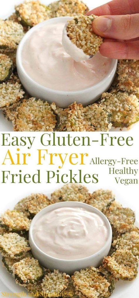 Gluten-Free Air Fryer Fried Pickles (Vegan, Allergy-Free) | Strength and Sunshine | The ultimate crispy, tangy snack! Gluten-Free Air Fryer Fried Pickles! This healthy version of the classic deep-fried Southern recipe is vegan, egg-free, allergy-free, & made without oil! Your favorite festival food, homemade, & served with a creamy ketchup dipping sauce! These pickle chips are a quick & easy appetizer everyone will love! #pickles #friedpickles #southernfood #airfryer #airfryerrecipes #... Ketchup Dipping Sauce, Air Fryer Artichoke Hearts, Air Fryer Artichoke, Air Fryer Fried Pickles, Recipe Cheesecake, Fried Artichoke, Gluten Free Bread Crumbs, Homemade Snickers, Veggie Snacks