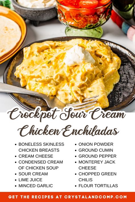 crockpot sour cream chicken enchiladas ingredient list Crockpot Sour Cream Chicken Enchiladas, Cream Cheese Chicken Enchiladas Crockpot, White Chicken Enchiladas Crockpot, Crock Pot Sour Cream Chicken, Keto Sour Cream Chicken Enchiladas, Crockpot Chicken Sour Cream Recipes, Chicken Enchiladas Crockpot Recipes, Crockpot Enchiladas Chicken, Chicken Enchilada Crockpot Recipes