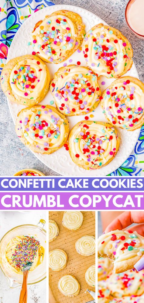 Confetti Cake Cookies (Crumbl Cookie Copycat Recipe) - Jumbo, super soft, slightly chewy cake mix cookies that are a PERFECT COPYCAT of the famous Crumbl Cookies! Loaded with rainbow and confetti sprinkles, and topped with vanilla cream cheese frosting, these are a dead ringer for the real thing! Crumbl Cookie Copycat Recipe, Confetti Cake Cookies, Crumbl Cookie Copycat, Chewy Cake, Cookies Crumbl, Funfetti Cake Mix Cookies, Crumble Cookie Recipe, Confetti Cookies, Vanilla Cream Cheese Frosting