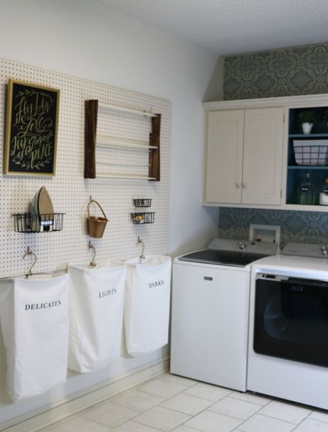 Laundry Room Peg Board Tutorial Room Pegboard, Cherry House, Perfect Laundry Room, Laundry Room Organization Storage, Diy Laundry Room, Laundry Room Storage Shelves, Pegboard Display, Hanging Laundry, Small Laundry Room Organization