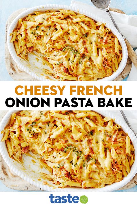 French Onion Soup Pasta Bake, French Onion Pasta Bake, Pasta Bake Recipes, French Onion Pasta, Pasta Bacon, Bacon Pasta Bake, Onion Pasta, Pasta Bakes, Pasta Bake Recipe