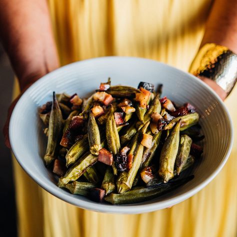 Charred Okra with Bacon Vinaigrette | The Local Palate | The Local Palate is the South’s premier food culture publication. Okra And Bacon Recipes, Crispy Okra Salad, Summer Succotash, Winter Holiday Recipes, Okra Recipes, Southern Cuisine, Fritter Recipes, Okra, Food Culture