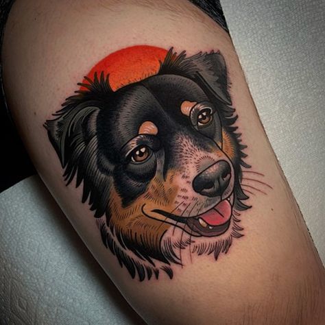 Neotrad Dog Tattoo, Neo Traditional Dog Portrait Tattoo, Neo Traditional Pet Tattoo, Color Dog Tattoo, Neo Traditional Dog Tattoo, Neotraditional Dog Tattoo, Traditional Dog Portrait Tattoo, Traditional Dog Tattoo, Tattoo Ideas Dog