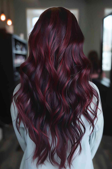 25 Examples Prove Dark Cherry Is The Perfect Red Hair Color To Get Right Now Hair Color Ideas Burgundy Highlights, Cherry Red Hair With Black Highlights, Fun Colored Hair Ideas, Cherry Cola Hair Color Balayage, Dark Brown With Red Hair, Dark Red Brunette Hair, Dark Cherry Balayage, Cherry Red Hair With Highlights, Dark Burgundy Hair With Highlights