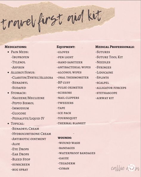 Travel First Aid Kit List First Aid Medicine List, Personal First Aid Kit, Medicine Kit For Travel, Medical Kit List, Cruise First Aid Kit, Travel Medical Kit, First Aid Kit List, Travel Medicine Kit, First Aid Kit Travel