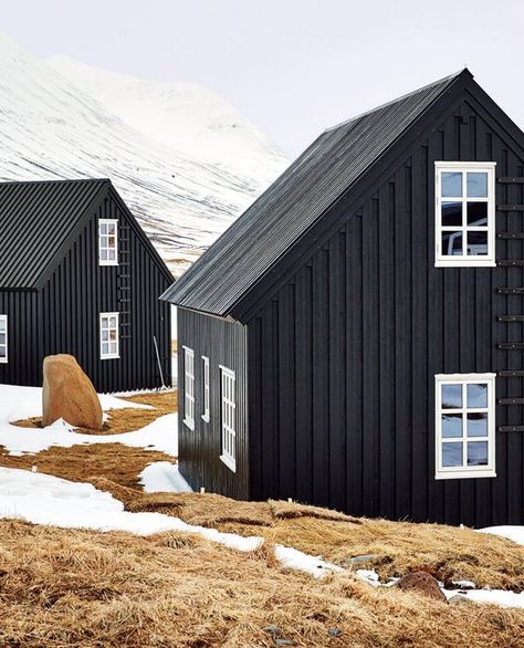 Iceland | Photographed by Christopher Sturman Black And White House Exterior, Black Buildings, Scandinavian Exterior, Scandinavian Exterior Design, Cottage House Exterior, Scandinavian House, White Exterior Houses, Black Houses, Exterior Christmas