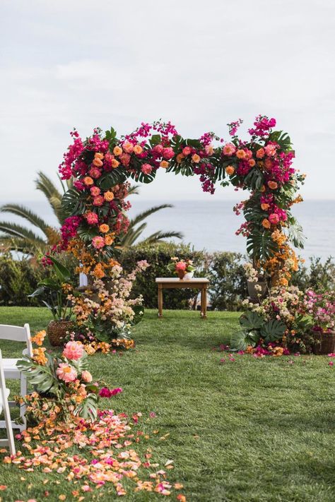 We are on the border between fainting and jumping in the air ecstatically after seeing this whimsical Bel Air wedding with a lush, tropical twist - hello, ombre floral arch! Katrina and Jesse wanted a fun party, and boy did they exceed with a whimsically colorful wedding to remember. Bay views, tile-inspired motifs, drippy bougainvillea and summer peonies - you best get ready to bookmark this page on #ruffledblog Rustic Wedding Decorations, Wedding Ceremony Ideas, Outdoor Wedding Decorations, Floral Arch, Tropical Wedding, Instagram Page, Ceremony Decorations, Wedding Design, Outdoor Ceremony