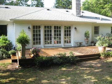 french doors + deck (ranch style house) - this is a good example of what I want across the back of house French Doors To Deck, Patio Addition, Door Decks, Ranch House Remodel, Patio Steps, Ranch Remodel, Ranch Style House, Brick Ranch, House Deck