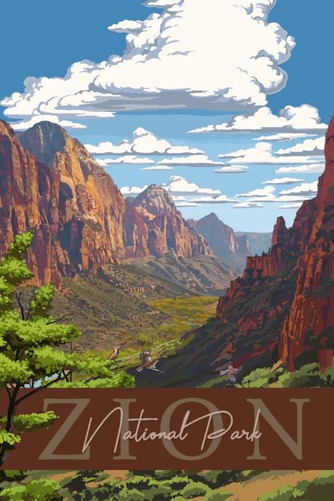 Travel Signs, Painterly Art, Zion Canyon, Zion National Park Utah, Lovely Places, Retro Travel Poster, National Park Posters, Acadia National Park, Park Art