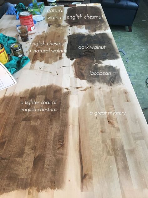 Butcher Block Stain, Stained Butcher Block, Butcher Block Countertops Kitchen, Kitchen Butcher Block, Butcher Block Island, Butcher Block Counter, Wooden Counter, Countertops Kitchen, Diy Countertops