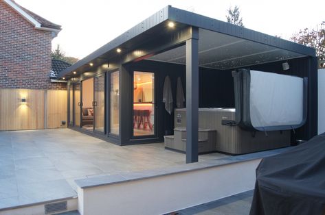 Modern Outdoor Living Area, Cool Sheds, Contemporary Garden Rooms, Garden Lodge, Roof Canopy, Hot Tub House, Hot Tub Room, Garden Room Ideas, Modern Outdoor Living