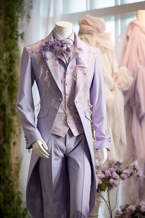 Lavender flower inspired suit Suits Men Colorful, Fairy Wedding Groom Suit, Fairytale Suits For Men, Purple Fantasy Suit Male, Elven Wedding Suit Men, Mens Lavender Suit, Pretty Outfits For Men, Fairy Wedding Groomsmen, Fancy Mens Suits