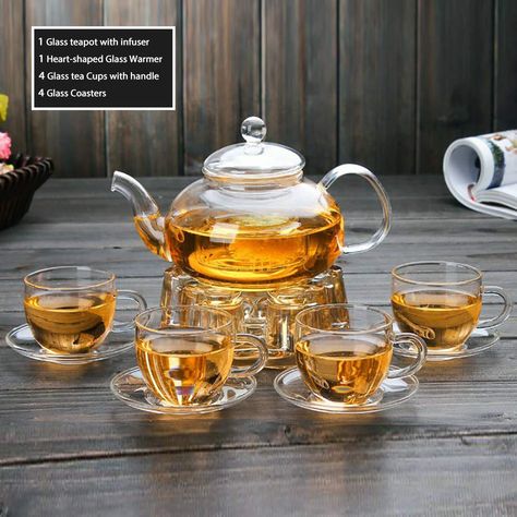 PRICES MAY VARY. WONDERFUL DESIGN: All Made of 100% lead-free glass, Through the 33.8 oz transparent teapot, the color change of the tea soup, the blooming of tea leaves and flowers, all show up in you eyes and under your control by the removable glass strainer, the glass tea pot set is microwave, dishwasher safe, Can Withstand Difference of -30°C to 150°C, with heart-shaped warmer base that can hold a candle to keep the temperature of the tea soup SHINING and UNIQUE GLASS TEA POT SET: The tea s طقم شاي, Glass Tea Kettle, Glass Tea Set, Heart Shaped Candles, Pu Erh, Glass Tea Cups, Tea Maker, Glass Teapot, Heat Resistant Glass