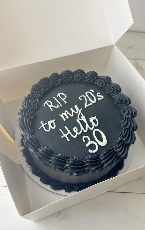 A black cake “Rip to my 20”.  #CakeArt #CakeDesign #CakeDecor #AnniversaryCake #BirthdayCake #BlackCake Rip 20s Birthday Party Cake, All Black Cake Birthday, Rip To My 20s Cake, Rip Cake, 30th Birthday Cakes For Men, 30 Cake, 40th Cake, Black Cake, 30 Birthday Cake