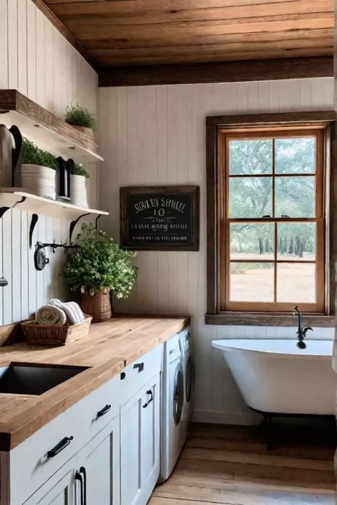 Cozy farmhouse laundry room with vintage touches Wood Wall In Laundry Room, French Farmhouse Laundry Room, Vintage Inspired Laundry Room, Laundry Room Farmhouse Sink, Cottage Core Laundry Room, Farmhouse Utility Room, Shiplap Laundry Room Ideas, Laundry Room Cottage, Laundry Mud Room Ideas