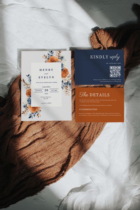 Create a warm and inviting atmosphere with our "Editable Burnt Orange Wedding Invitations Set." This terracotta and navy blue wedding invitation includes an RSVP QR code, perfect for fall wedding ideas featuring navy and burnt orange tones. 𝑵𝑶𝑻𝑬: 𝑨𝒍𝒍 𝒕𝒆𝒙𝒕 𝒊𝒔 𝒆𝒅𝒊𝒕𝒂𝒃𝒍𝒆. 𝑮𝒓𝒂𝒑𝒉𝒊𝒄𝒔 𝒂𝒓𝒆 𝒏𝒐𝒕.  𝑯𝑶𝑾 𝑫𝑶𝑬𝑺 𝑰𝑻 𝑾𝑶𝑹𝑲?  You can instantly download and customize this 5x7 and 5 x 3.5 inch insert templates to fit your needs. Add the couple's names, location of the ev Burnt Orange Wedding Invitations, Blue Orange Weddings, Blue Fall Wedding, Orange Wedding Decorations, Rsvp Qr Code, Wedding Invitations Set, Orange Wedding Themes, Burnt Orange Wedding, Orange Wedding Colors