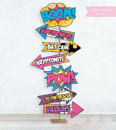 Ultimate Guide to Superhero Crafts: Fun Projects for All Ages Welcome Superheroes Sign, Superhero Decorations Party, Comic Book Birthday Party, Comic Book Decor, Super Hero Party Decorations, Super Hero Decorations, Diy Superhero Birthday Party, Comic Elements, Superhero Party Printables