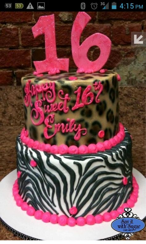 Or this one 16 Birthday Cakes, 16th Birthday Cake For Girls, Cheetah Print Cakes, Sweet Sixteen Cakes, 11 Birthday, Sweet 16 Birthday Cake, Sweet 16 Cakes, 16 Cake, 16 Birthday Cake