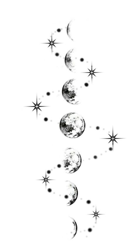 Marigold Moon Tattoo, Moon Phases Ear Tattoo, Mother Daughter Wolf Tattoos, Stages Of Moon Tattoo, Back Tattoo Moon Phases, Moon Cycles Tattoo, Moonphase Tattoo Design, Moon Fazes Tattoos, Geometric Moon Phases Tattoo