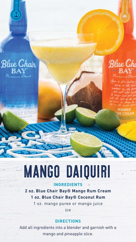 Sip back and relax with this delicious frozen mango daiquiri. Make this rum cocktail your summer drink. This drink requires few ingredients making it easy to make. It uses mango rum cream, coconut rum, and mango puree. Enjoy is at the beach or by the pool. Click here for the full recipe. #bluechairbay #BCBHappyHour #mangorumcream #summercocktail #rumcocktail #rum #rumcream #drinkrecipe Parrot Bay Coconut Rum Drinks, Coconut Rum Drinks, Key Lime Rum Cream, Mango Daiquiri, Mango Rum, Island Gyal, Banana Rum, Rum Cocktail Recipes, Specialty Drinks