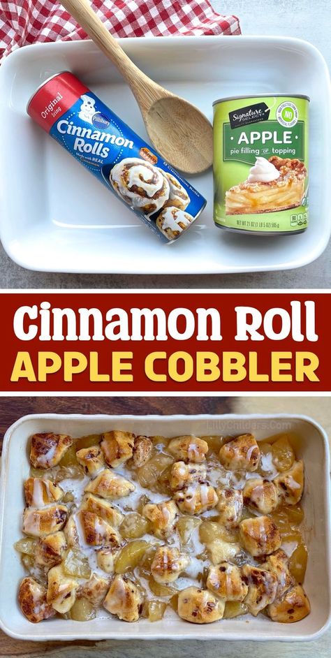 You won't believe how easy this delicious treat is to make with just two store bought ingredients! A tube of cinnamon rolls and a can of apple pie filling. Cut the cinnamon rolls up into bite size pieces and mix it with the apples. Bake in the oven and drizzle with the icing! Serve warm with vanilla ice cream or whipped cream for a yummy dessert or even sweet breakfast. This lovely dessert is great for the holidays! As soon as the cool months of fall roll around, I can't wait to make it! Cinnamon Roll Apple Cobbler, Apple Cobbler Easy, Cinnamon Roll Desserts, Cinnamon Roll Apple Pie, Cobbler Easy, Easy Dessert Recipes Quick, Pie Filling Recipes, Apple Recipes Easy, Thanksgiving Desserts Easy