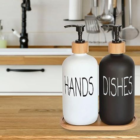 Glass Soap Dispenser Set, Hand Soap and Dish Soap Dispenser with Bamboo Tray. Vintage Soap Dispenser with Pump for Kitchen Sink and Bathroom. Stylish Permanent Labels (Matte Black&White) Farmhouse Soap Dispenser, Hand And Dish Soap Dispenser, Detergent Storage, Soap Dispenser Set, Modern Bathroom Accessories, Detergent Dispenser, Glass Soap Dispenser, Dish Detergent, Dish Soap Dispenser