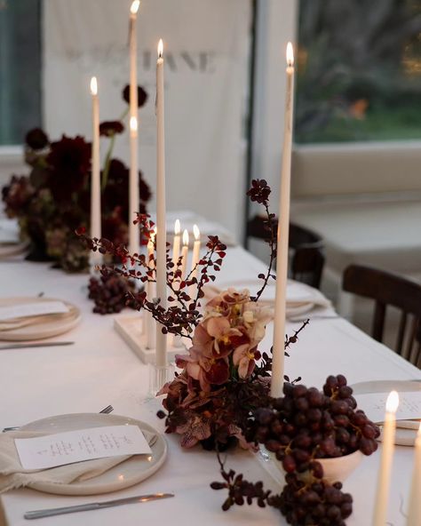 Wedding Fall Table Setting, Cheesecloth Table Runner With Candles, Athena Calderone Tablescape, Plum Table Setting, Red And Purple Table Decorations, Fall Candelabra Centerpiece, Elegant Tablescape Wedding, Fall Table Floral Arrangements, Boho Dinner Table Decor