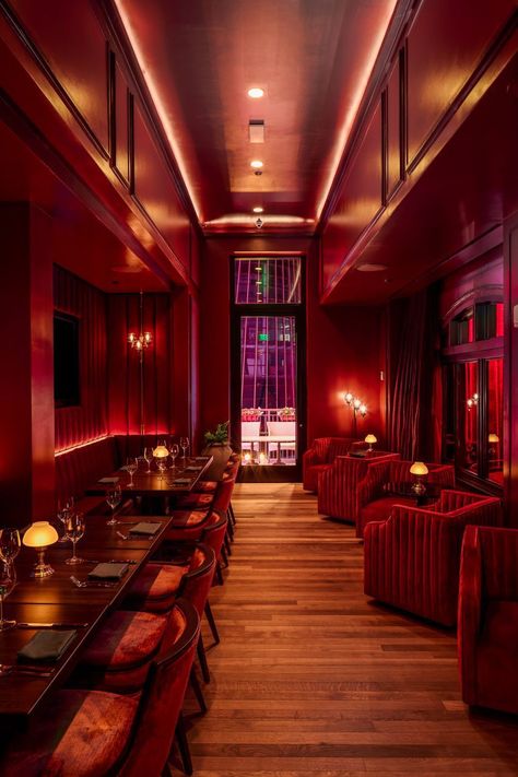 AvroKO designs restaurant at Justin Timberlake's The Twelve Thirty Club Nashville Dress, Red Hotel, Speakeasy Decor, Burgundy Curtains, Red Restaurant, Modern Restaurant Design, Red Bar, Hotel Project, Supper Club