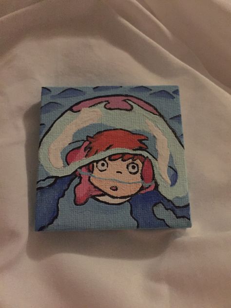 Mini Wall Paintings, Mini Canvas Art Studio Ghibli, Ponyo Acrylic Painting, Tony Canvas Painting Ideas, Anime Mini Canvas Painting, Studio Ghibli Mini Painting, Ponyo Painting Canvas, Anime Easy Painting Ideas, Kawaii Paintings On Canvas