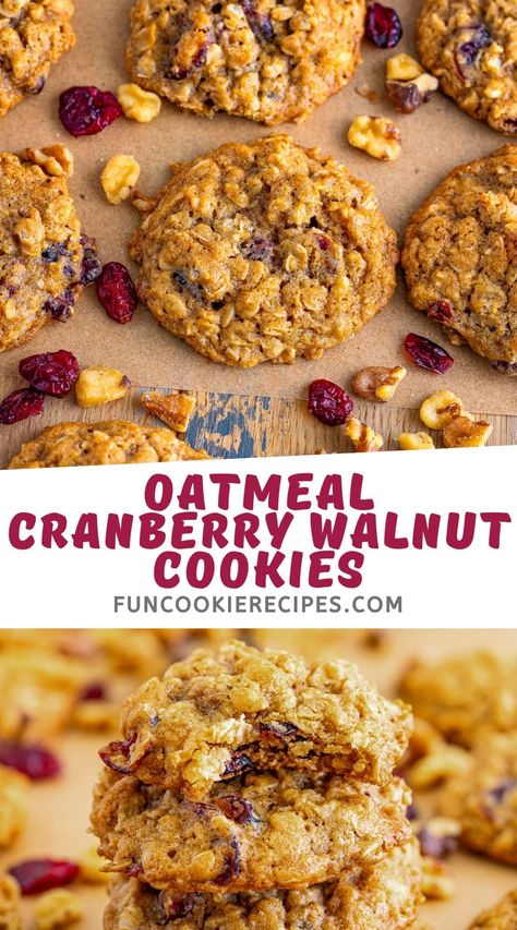 Oatmeal Cranberry Walnut Cookies Best Oatmeal Cranberry Cookies, Cranberry Oatmeal Cookies Recipes, Cranberry Nut Cookies, Oatmeal Cranberry Walnut Cookies, Oatmeal Walnut Cookies, Oatmeal Cranberry Cookies Recipe, Cranberry Walnut Cookies, Walnut Cookies Recipe, Fun Cookie Recipes