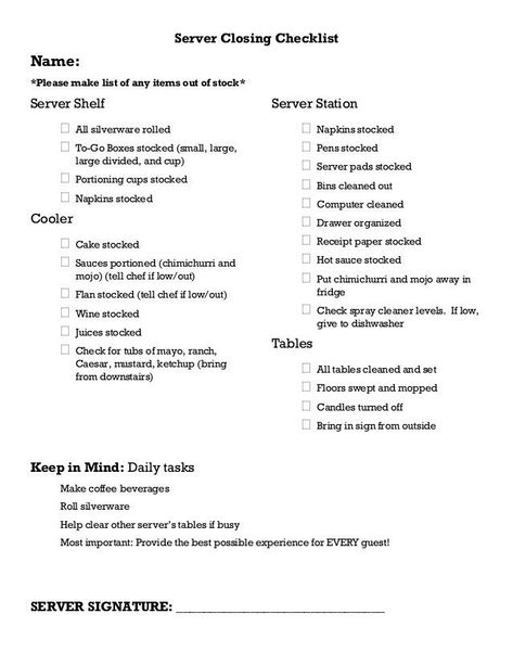 Server cleaning checklist | Cleaning checklist, Cleaning, Restaurant server station Restaurant Server Station, Closing Checklist, Server Station, Cleaning Chart, Restaurant Cleaning, Cleaning Checklist Template, Receipt Organization, Cake Stock, Side Work