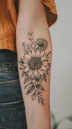 Forearm Elbow Tattoo Women, Colour Floral Tattoo Design, Tattoo Ideas Female Boho, Black Floral Tattoo Design, Western Flower Tattoos For Women, Floral Cover Up, Floral Feather Tattoo, Lower Arm Flower Tattoos For Women, Floral Tatoos Woman Arm