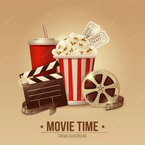 Premium Vector | Cinema concept poster with popcorn bowl film strip and tickets realistic detailed Concept Poster, Popcorn Bowl, Film Strip, Popcorn, Premium Vector, Bowl, Film