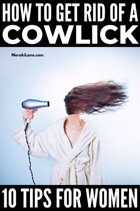 10 Must-Know Cowlick Hair Tips for Women | While you can't get rid of a cowlick completely, there are tons of hair tips and styling hacks that can make it more manageable. In this post, we share everything you need to train your hair to do what you want it to do. Click to learn the best haircuts and hair parts for women with cowlicks, the best and worst hair products, blow-drying techniques, whether bangs and layers are the right option for you, plus a step-by-step hair styling tutorial! Short Hairstyle Women With Cowlick, Short Haircuts For Women With Cowlicks, How To Style The Back Of Your Hair, Haircuts With Cowlicks For Women, How To Style Hair With Cowlicks, Training Bangs Hair, Hairstyles With Cowlicks For Women, Cow Lick Hair How To Get Rid, How To Train Your Hair