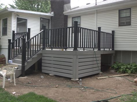 Composite Deck With Skirting, Mobile Home Deck, Porch Railing Designs, Deck Finishes, Deck Skirting, Patio Deck Designs, Backyard Remodel, Cool Deck, Deck Designs Backyard