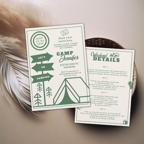 Camping Mountain Forest Bachelorette Weekend Trip Invitation Chic Bachelorette Party, Glamping Bachelorette, Glamping Bachelorette Party, Chic Bachelorette, Campfire Dinners, Roasted Marshmallow, Camping Things, Itinerary Invitation, Bachelorette Party Weekend