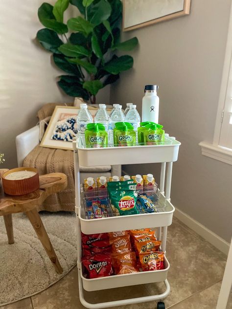 3 Tier Snack Cart, Snack Cart Organization, College Dorm Snack Storage, Dorm Snack Cart, Bedroom Snack Station Aesthetic, Umd Dorm, Snack Cart Ideas For Work, Snacks Trolley, Bedroom Snack Station