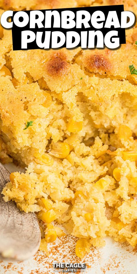 Sweet Corn Cornbread Recipe, Crockpot Cornbread Pudding, Cornbread Pudding Jiffy, Cornbread Pudding Recipe, Sweet Corn Spoon Bread, Savory Cornbread Recipe, Cornbread Dessert, Southern Thanksgiving Recipes, Cornbread Pudding