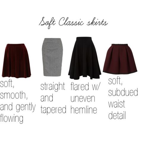 "SC skirts" by oscillate on Polyvore. I like the flared soft and subdued skirts Soft Classic Kibbe, Dramatic Classic, Classic Style Outfits, Classic Skirts, Soft Classic, Classic Wardrobe, Soft Summer, Wardrobe Basics, Classic Outfits